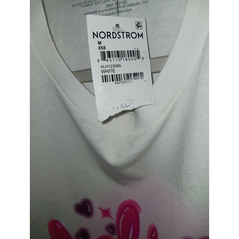 Aaliyah Womens Medium White Crop T-Shirt Tank Top Pink Graffiti Spray Paint Name - Picture 3 of 6